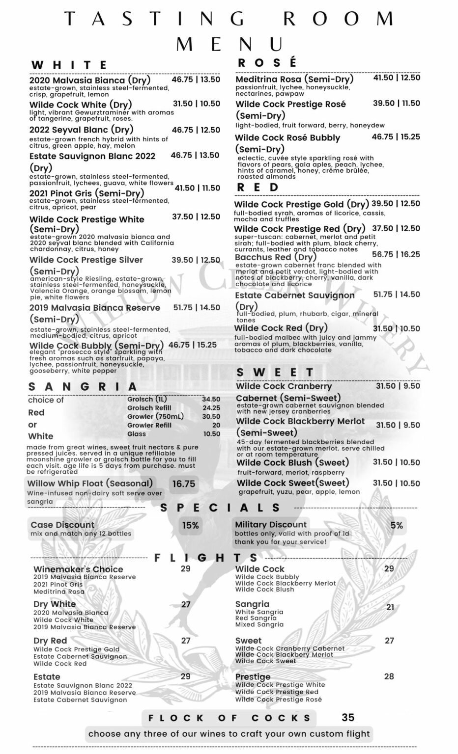 Dining tasting menus in cape may willow creek winery